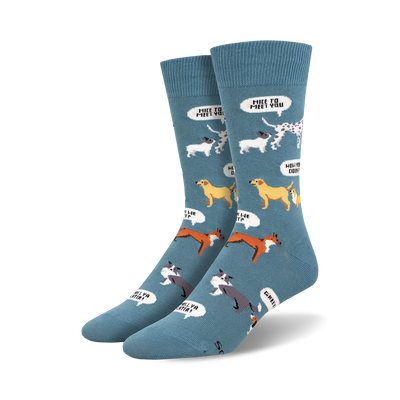 Pair of crew socks, teal and green options, showcasing various dog breeds with speech bubbles containing dog-related puns.