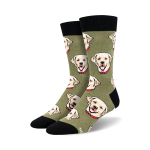 Pair of crew socks featuring a repeating pattern of yellow Labrador retriever faces wearing red collars on an olive green background. Black cuffs.