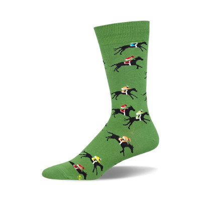 Green crew socks with a repeating pattern of black horses and colorful jockeys engaged in a horse race.