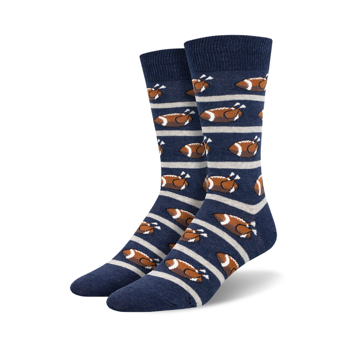 men's crew socks with football and turkey patterns in brown, orange, and blue   }}