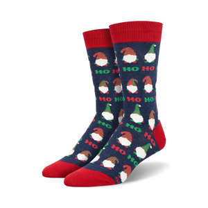 Pair of crew socks with navy blue background, red and green gnomes, and 'Ho Ho Ho' text.