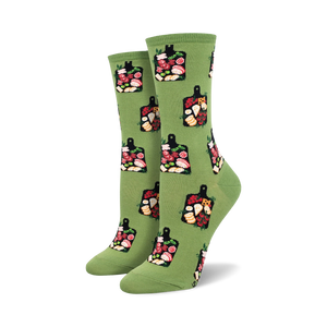 Pair of women's crew socks in green and teal, featuring a repeating pattern of charcuterie boards with cheeses, meats, and fruits.