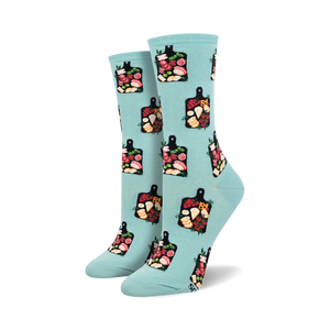 Lifestyle shot showing a person wearing the teal 'Charcuterie' socks.