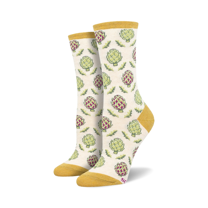 Cream crew socks with a repeating pattern of green and purple artichokes. Mustard yellow cuffs.