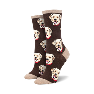 Close-up of brown Labrador socks with beige cuffs, showcasing the adorable dog pattern.