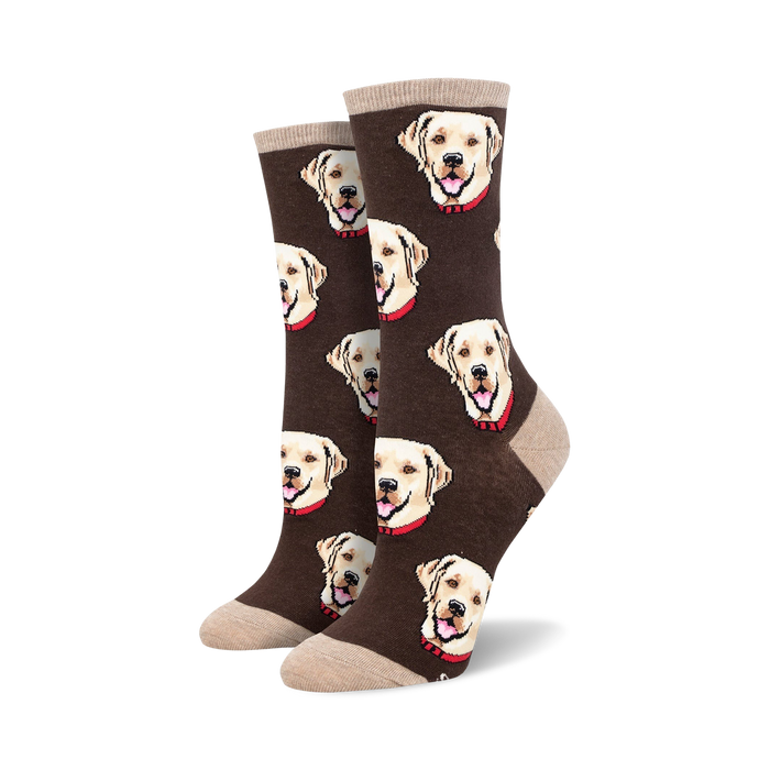 Close-up of brown Labrador socks with beige cuffs, showcasing the adorable dog pattern.