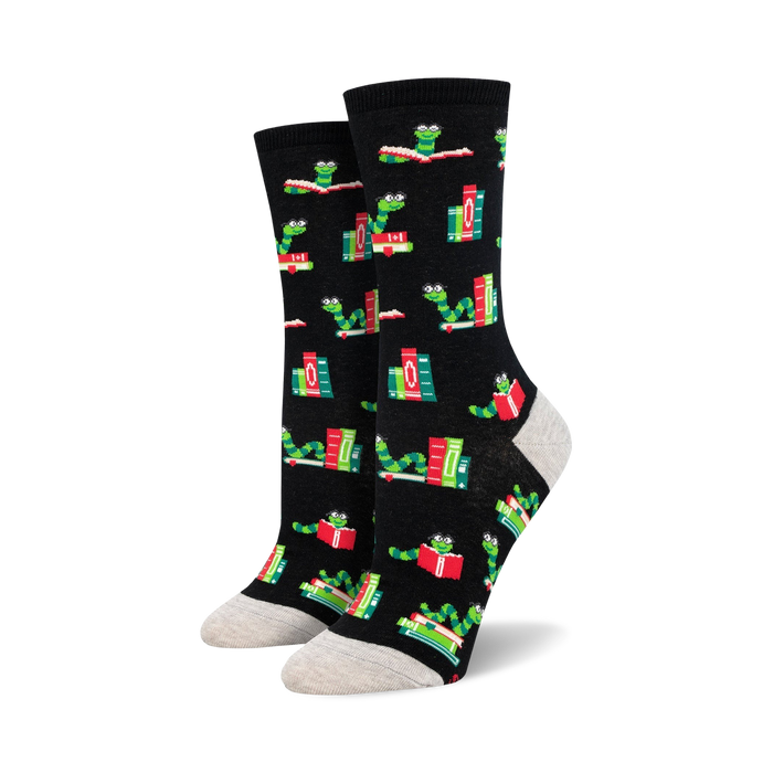 crew-length women's socks in black, featuring a pattern of verdant worms wearing scarlet glasses and engrossed in vibrant tomes.  
