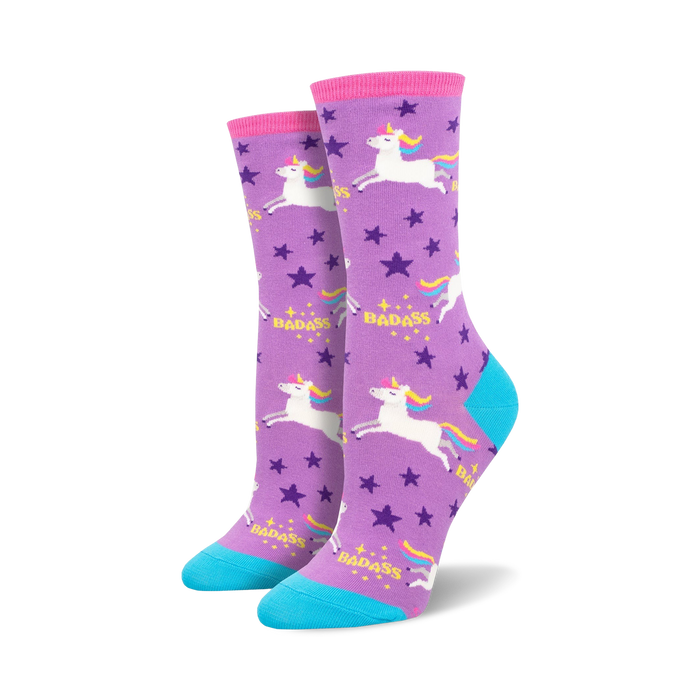 purple crew socks with cartoon unicorns, stars, and the word 