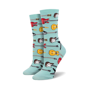 Pair of crew socks in teal, featuring a pattern of red, yellow, and brown guitars.