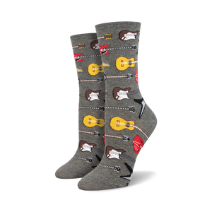Pair of gray crew socks with the same guitar pattern as the teal pair.