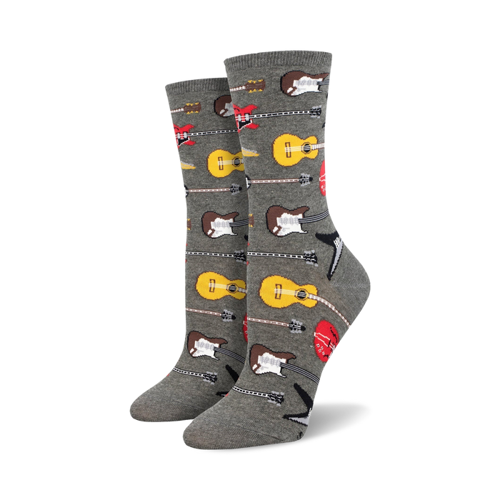Pair of gray crew socks with the same guitar pattern as the teal pair.