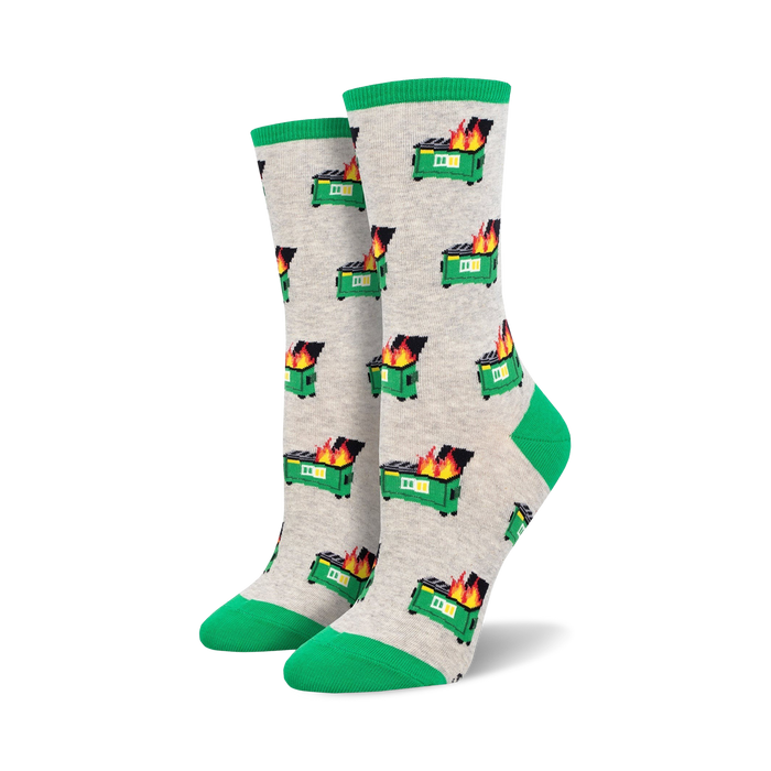Pair of gray crew socks with a pattern of green flaming dumpsters.  Features bright orange flames and green dumpster details. }}