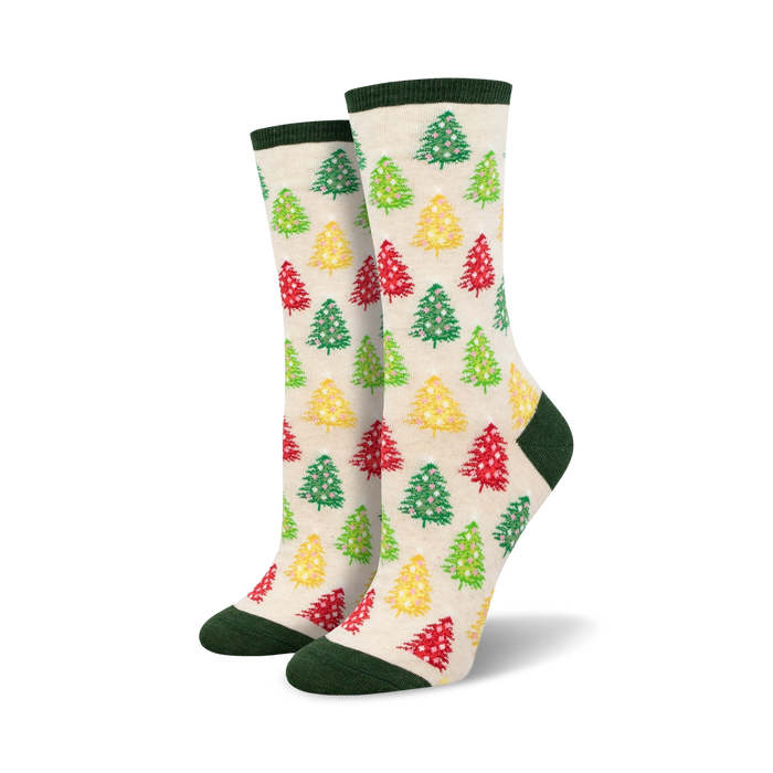 Cream crew socks with colorful Christmas trees. Red, green, and yellow trees are scattered on a cream background. Green and cream cuffs. }}