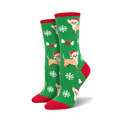 Crew socks in green with a festive design. Features Chihuahuas wearing Santa hats, snowflakes, and bones. Red and white accents.