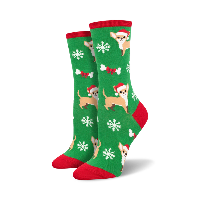 Crew socks in green with a festive design. Features Chihuahuas wearing Santa hats, snowflakes, and bones. Red and white accents. }}