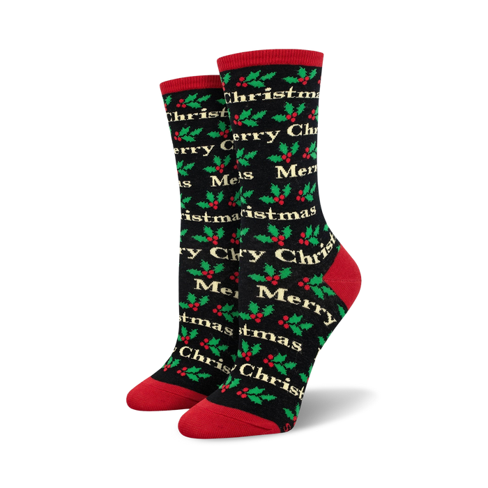 Pair of crew socks in black and red, or cream and green, with a repeating 'Merry Christmas' and holly pattern.