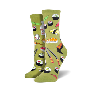 Pair of women's crew socks in olive green, featuring a fun pattern of sushi, soy sauce bottles, wasabi, and chopsticks.