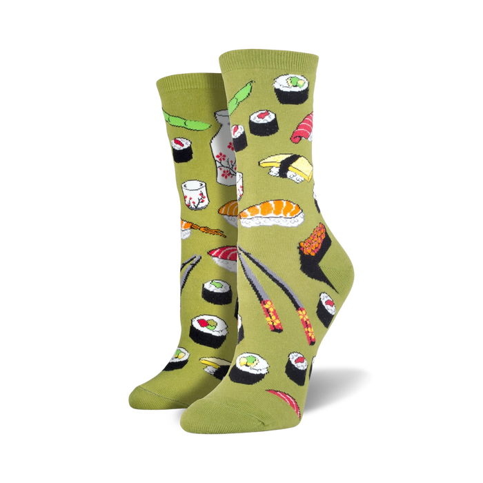 Pair of women's crew socks in olive green, featuring a fun pattern of sushi, soy sauce bottles, wasabi, and chopsticks.