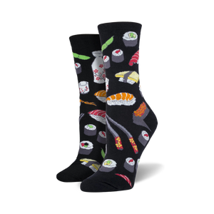 A close-up lifestyle shot showing the black Sushi socks on a model's feet.