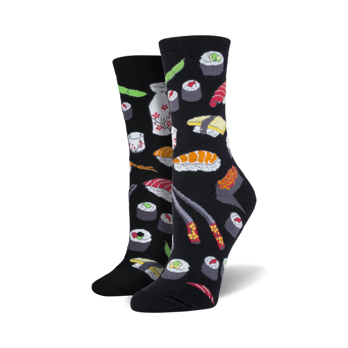 A close-up lifestyle shot showing the black Sushi socks on a model's feet.