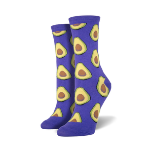 Pair of crew socks with an all-over avocado print. Available in purple and green.