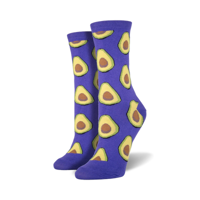 Pair of crew socks with an all-over avocado print. Available in purple and green.