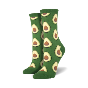 Lifestyle shot of a person wearing green avocado crew socks.