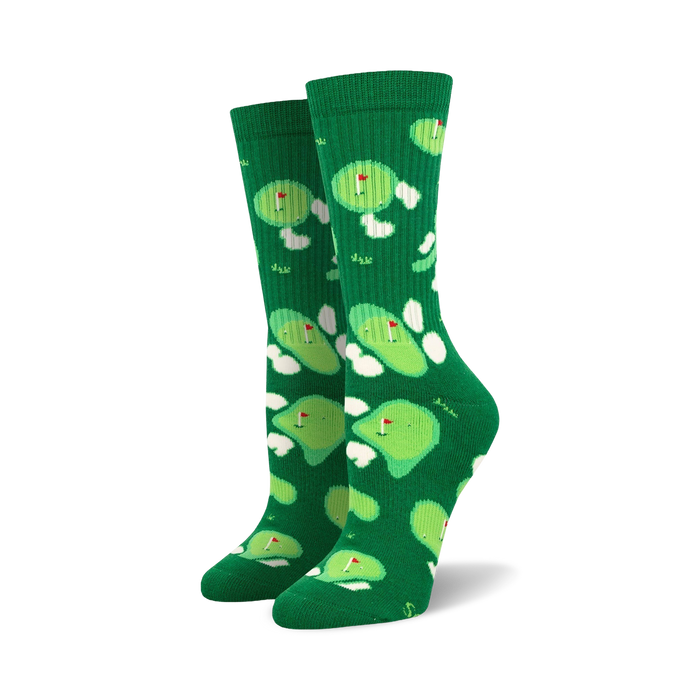 green crew socks with golf course pattern. perfect for golfers of all levels. 