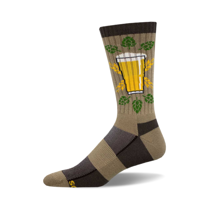 Tan and brown crew socks with a graphic of a beer glass surrounded by hops.  }}