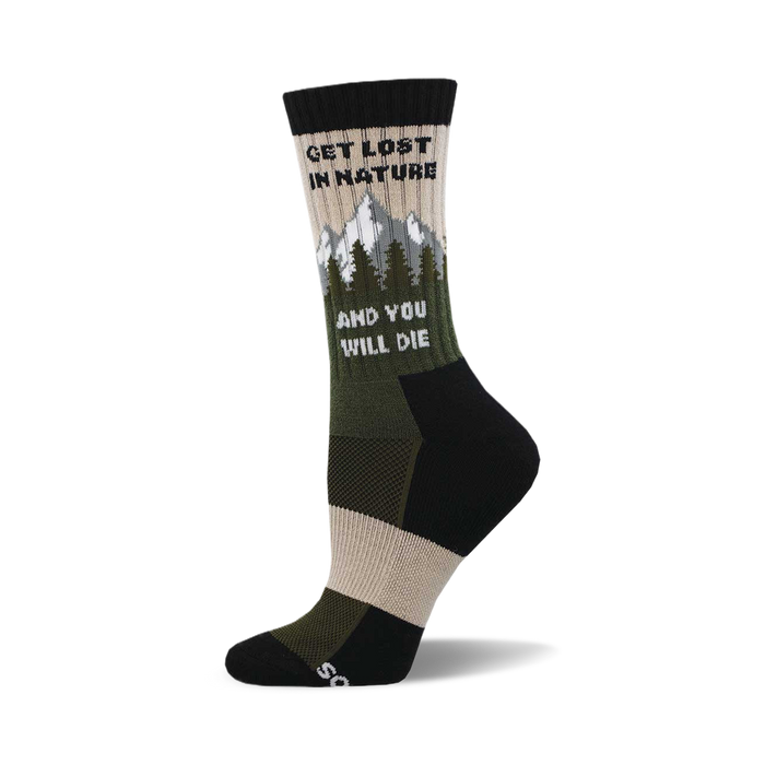 Crew socks in beige, olive green, and black. The design includes a mountain range graphic and the text 'Get Lost In Nature and You Will Die'. }}