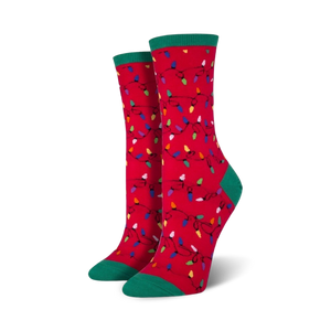 Pair of crew socks, red and green, featuring a whimsical pattern of colorful Christmas lights.