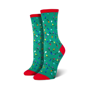 green crew socks with multi-colored christmas light pattern and red cuff. christmas, holiday, womens.    