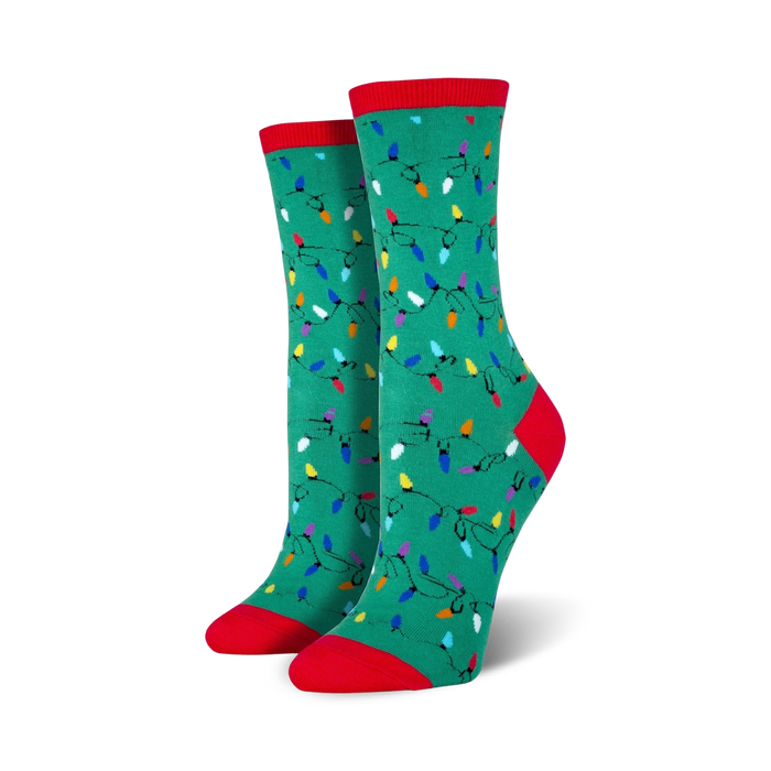 green crew socks with multi-colored christmas light pattern and red cuff. christmas, holiday, womens.    