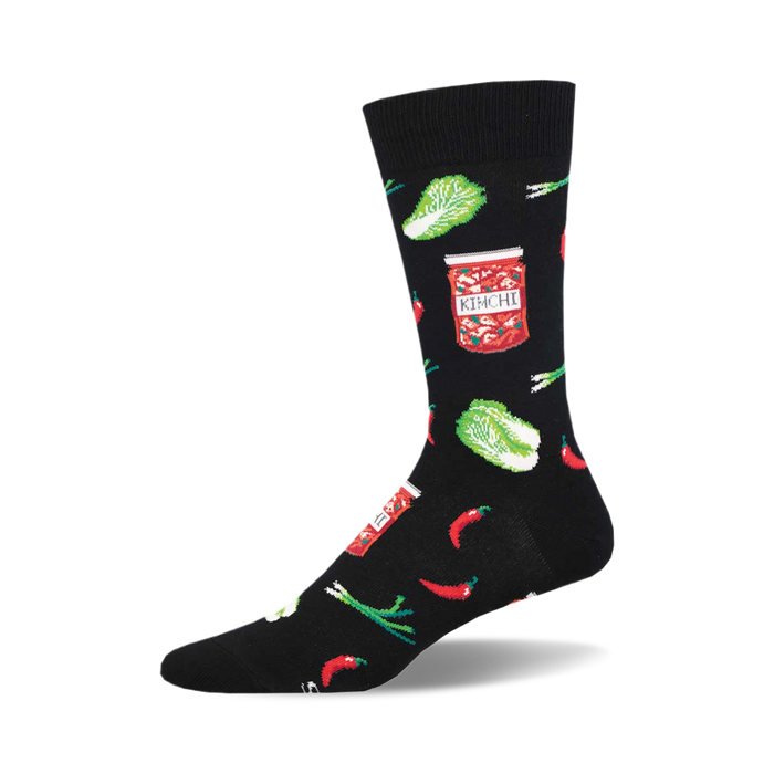 Black crew socks with a fun kimchi print. Features red chilies, green onions, napa cabbage, and illustrations of kimchi jars. }}