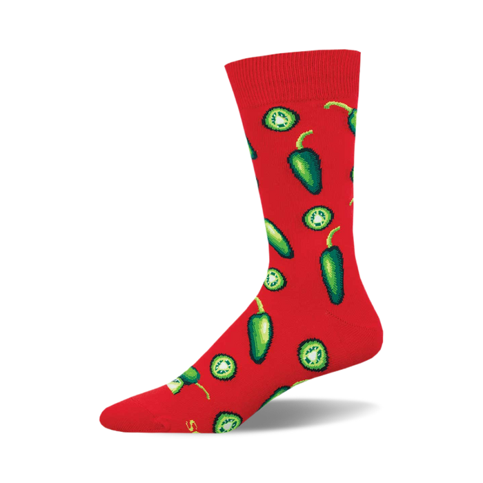 Red crew socks covered in a fun pattern of green jalapeño peppers and slices.  A spicy, playful addition to any wardrobe! }}