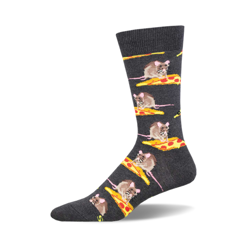 Grey crew socks featuring a repeating pattern of mice enjoying pizza slices. Fun and quirky design.
