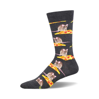 Grey crew socks featuring a repeating pattern of mice enjoying pizza slices.  Fun and quirky design.