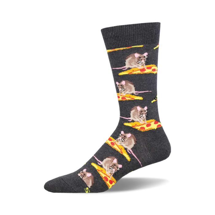 socks that are gray with a pattern of rats eating pizza. }}