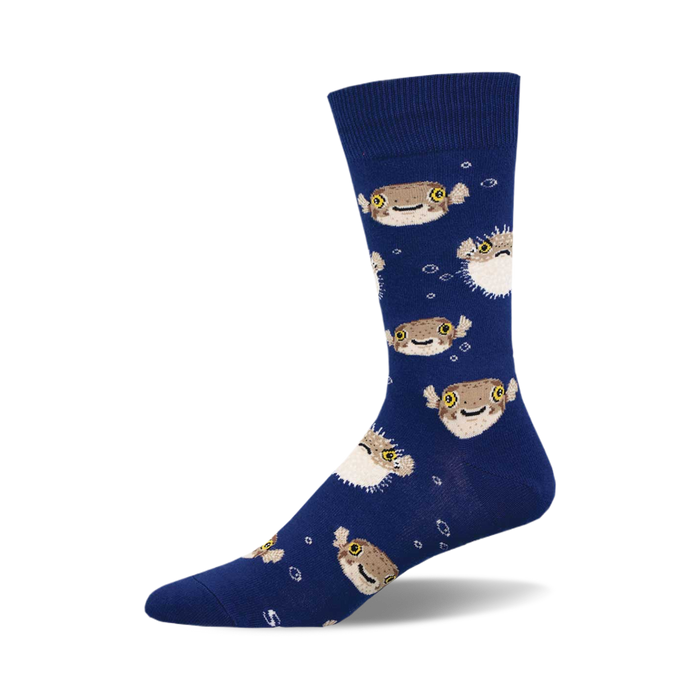 A navy blue crew sock with a fun pattern of pufferfish and bubbles. The pufferfish are light brown and tan with yellow eyes. }}