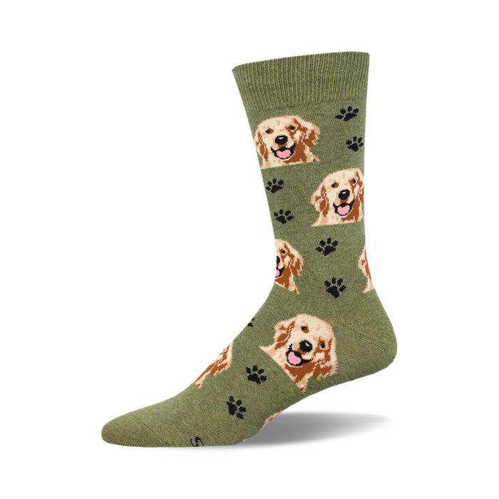 socks that are dark green with a pattern of golden retrievers and brown paw prints. }}