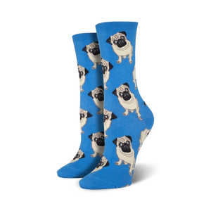 Lifestyle shot showing the blue pug socks on a person's feet.