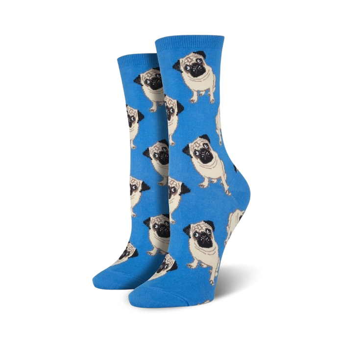 Lifestyle shot showing the blue pug socks on a person's feet.