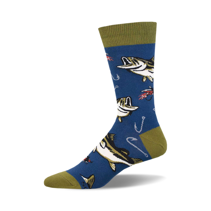 Crew socks in blue with a pattern of bass fish, fishing hooks, and lures. Olive green cuff. }}