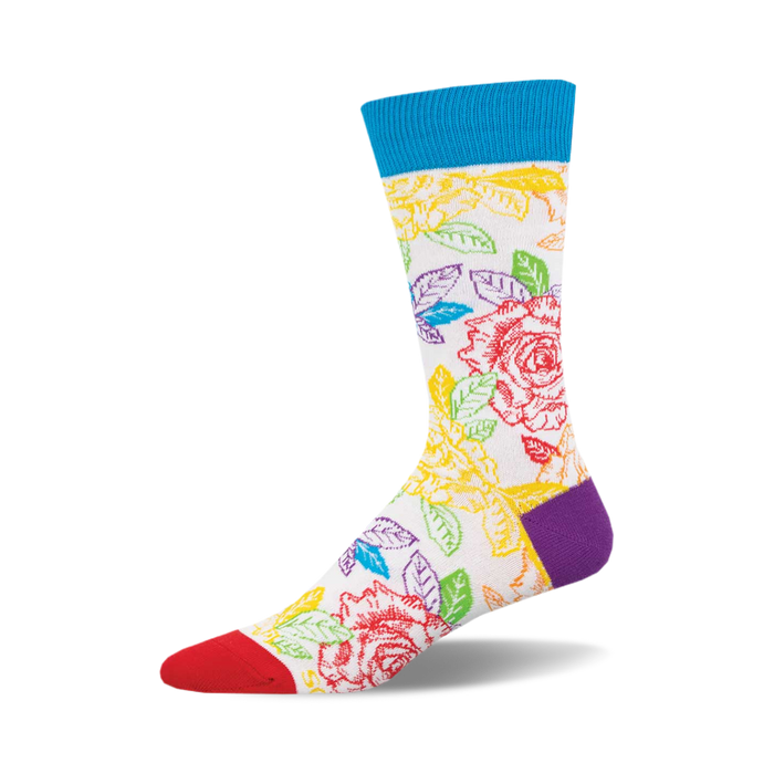 Crew socks in white with a rainbow-colored floral pattern, featuring roses and leaves. The cuff is teal, and the heel is purple. }}