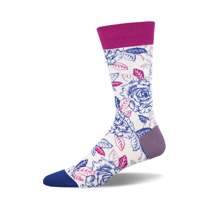 Crew socks in cream with a blue, pink, and purple floral print. Roses and leaves are the main design elements. Purple and blue accents on the cuff and toe. }}