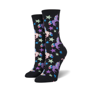black crew socks with white, pink, purple, and blue unicorns with rainbow manes and tails, and yellow, pink, blue, and green stars.    