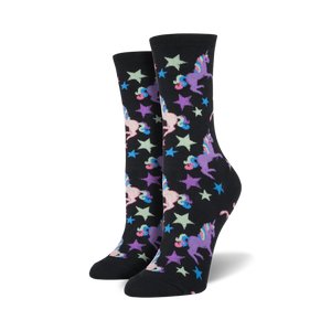 A pair of crew socks in black with pastel unicorns and stars.  Fun, whimsical design.