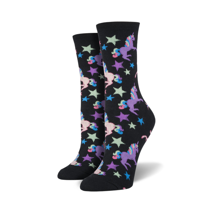 A pair of crew socks in black with pastel unicorns and stars.  Fun, whimsical design.