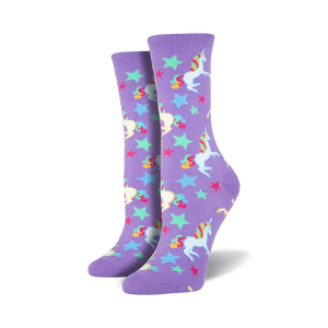  purple crew socks with cartoon unicorns, rainbow manes, tails, and stars. women's size.   