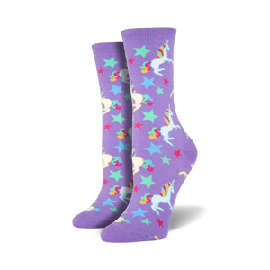 Lifestyle shot of a person wearing purple unicorn crew socks. The socks are shown from the knees down.